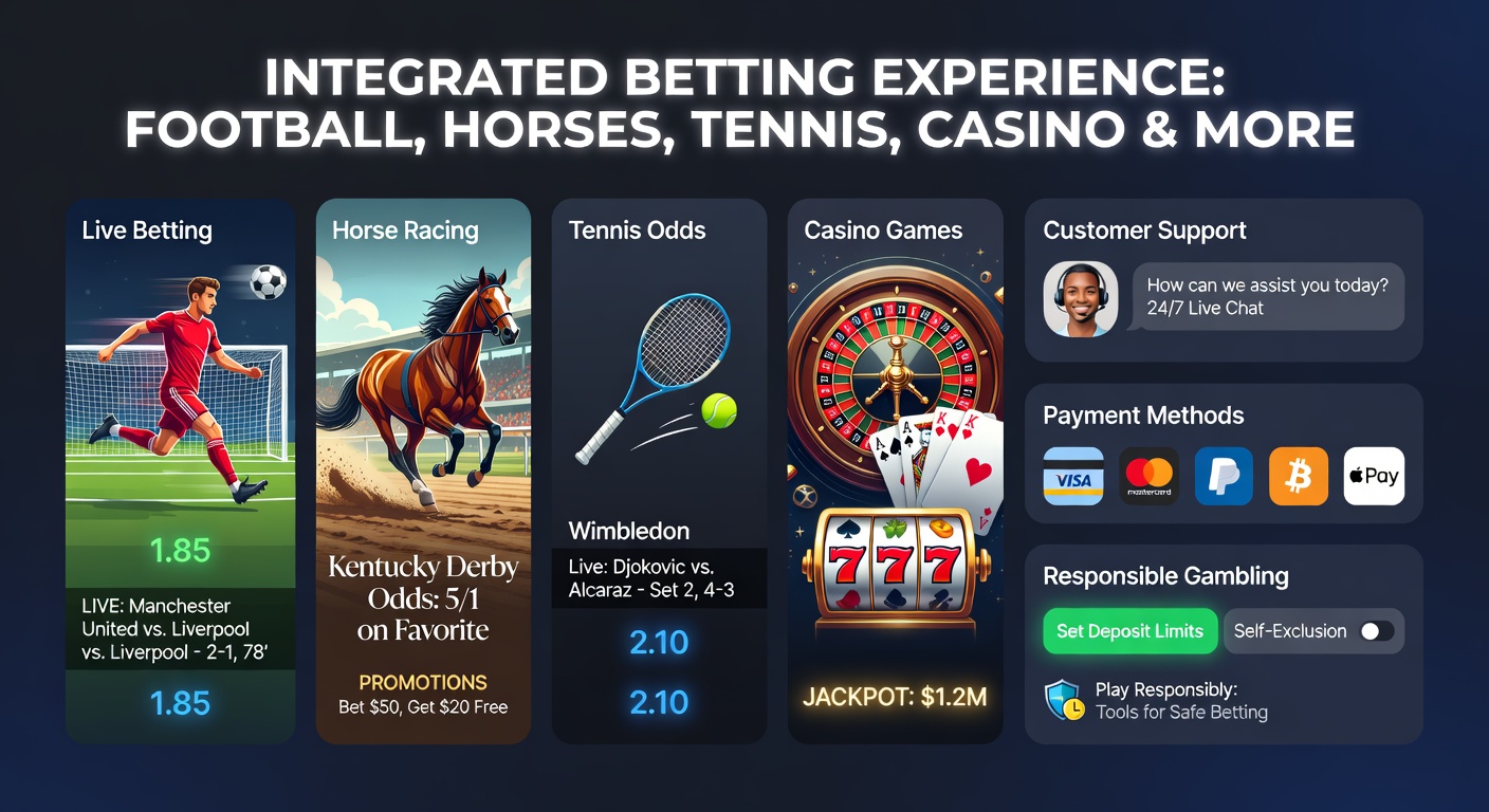 Dynamic scene of live sports betting action featuring football goals, tennis rallies, horse races, and casino slots during April events
