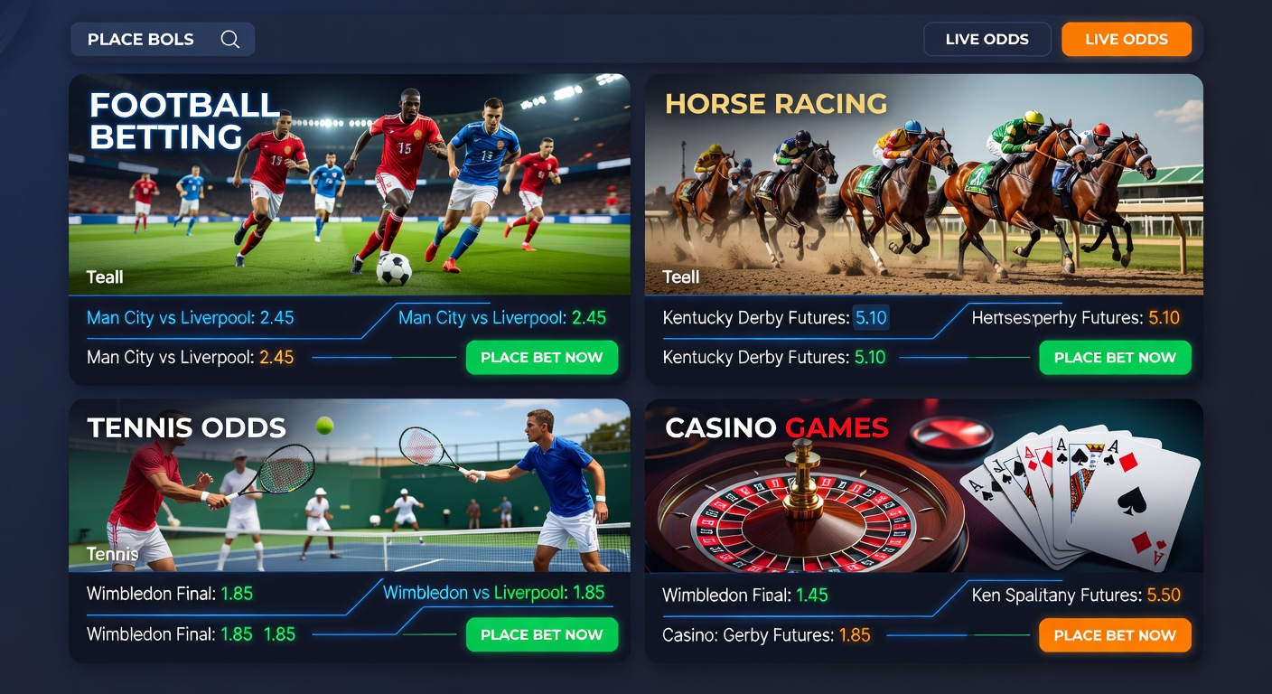 Vibrant collage of horse racing finishes, tennis court action, football stadium crowds, and casino table excitement in a mobile betting interface