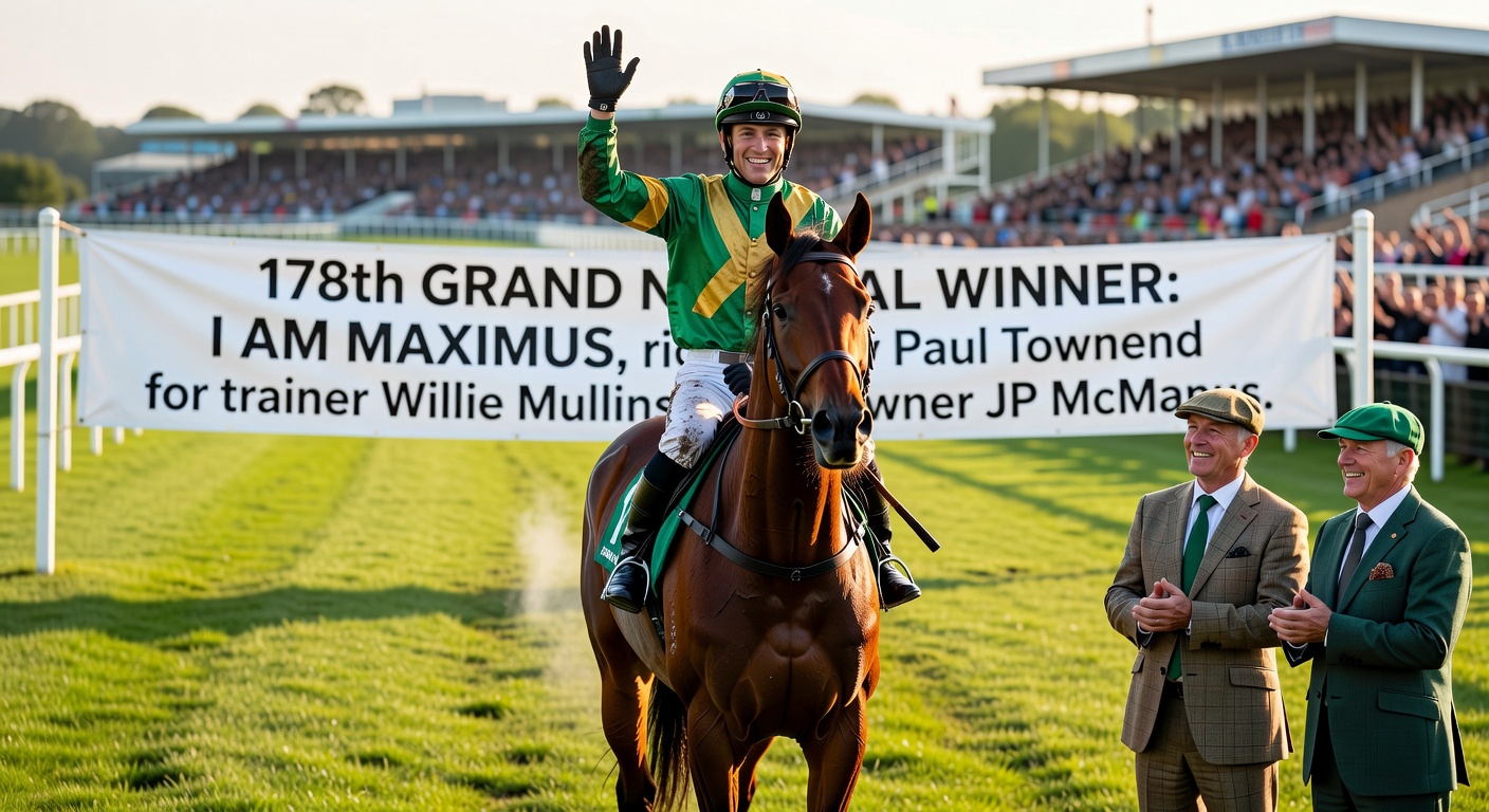Willie Mullins and Paul Townend with I Am Maximus after the Grand National win, surrounded by owners and team at Aintree