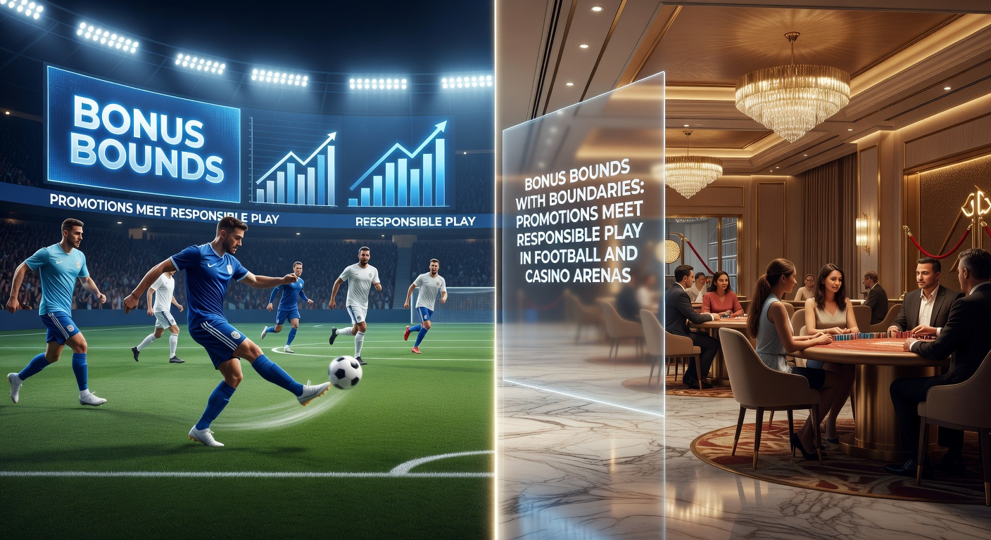 Vibrant football pitch under stadium lights merges with glowing casino slot reels, symbolizing the blend of sports betting promotions and responsible gaming safeguards