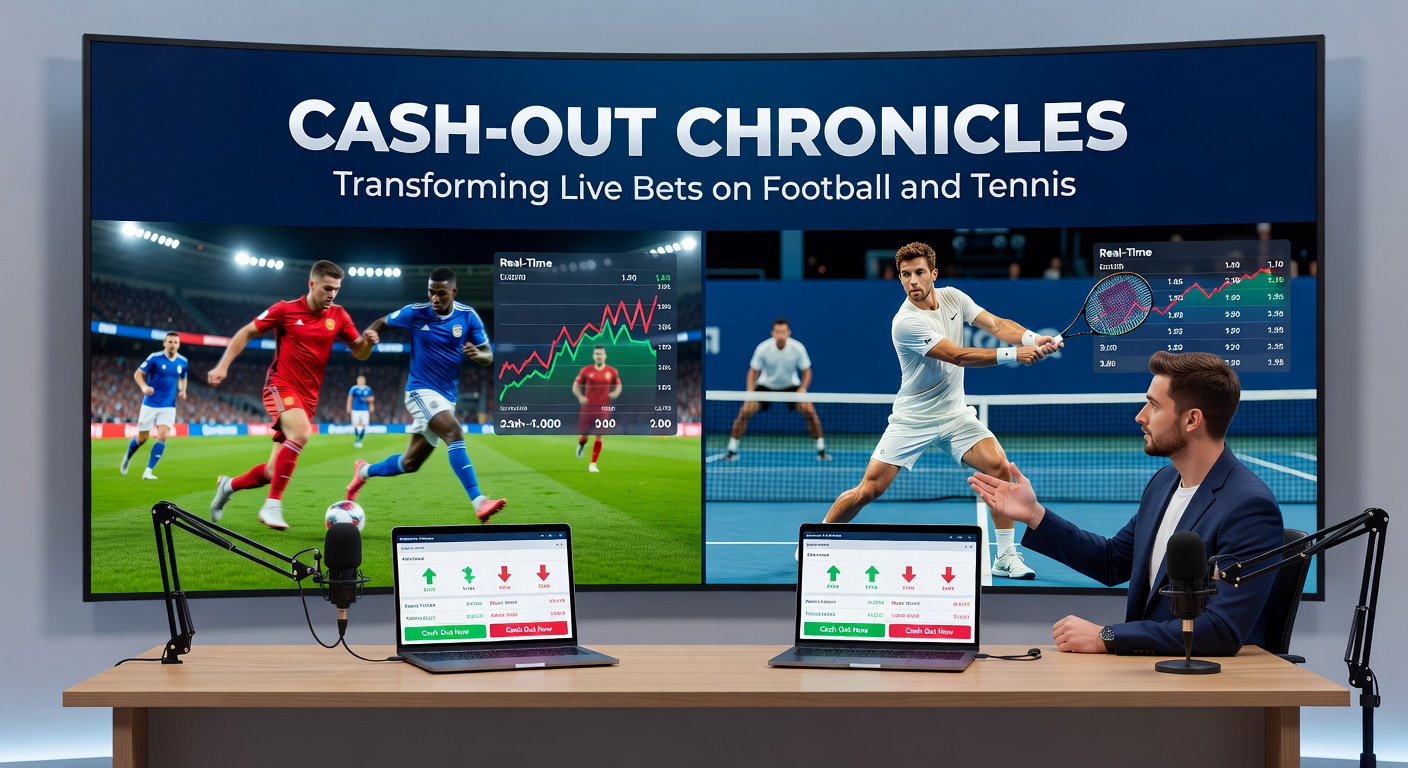 Tennis player mid-serve on clay court with overlaid live betting odds and cash-out button active, capturing high-stakes in-play moment