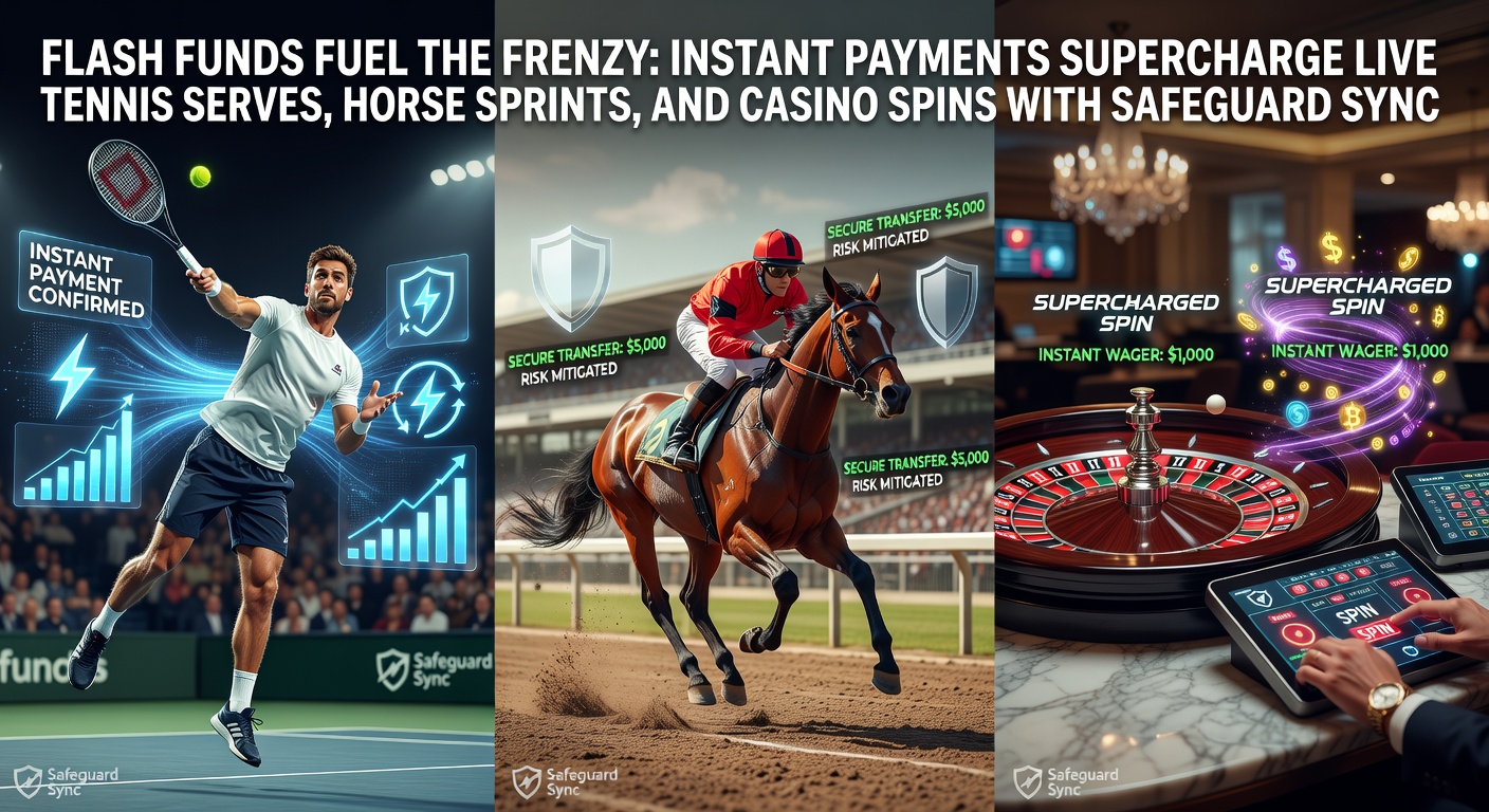 Vibrant scene of a tennis player serving during a live match, overlaid with instant payment notifications and betting odds flashing in real-time, capturing the high-speed thrill of wagering