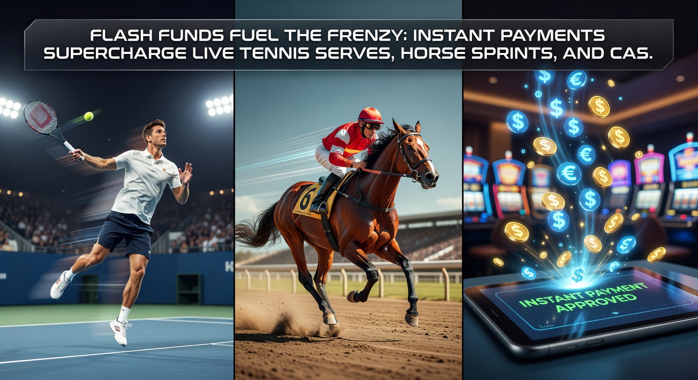 High-octane image of horses thundering down a racetrack during a sprint finish, with instant payment icons and live betting slips overlayed, highlighting the seamless wager-to-win excitement