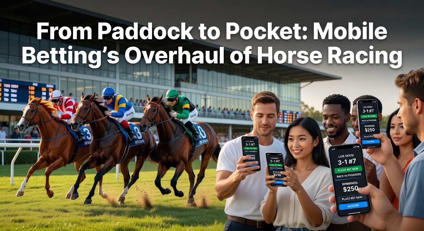 A vibrant scene at a horse racing track where spectators check their phones amid galloping horses and betting excitement