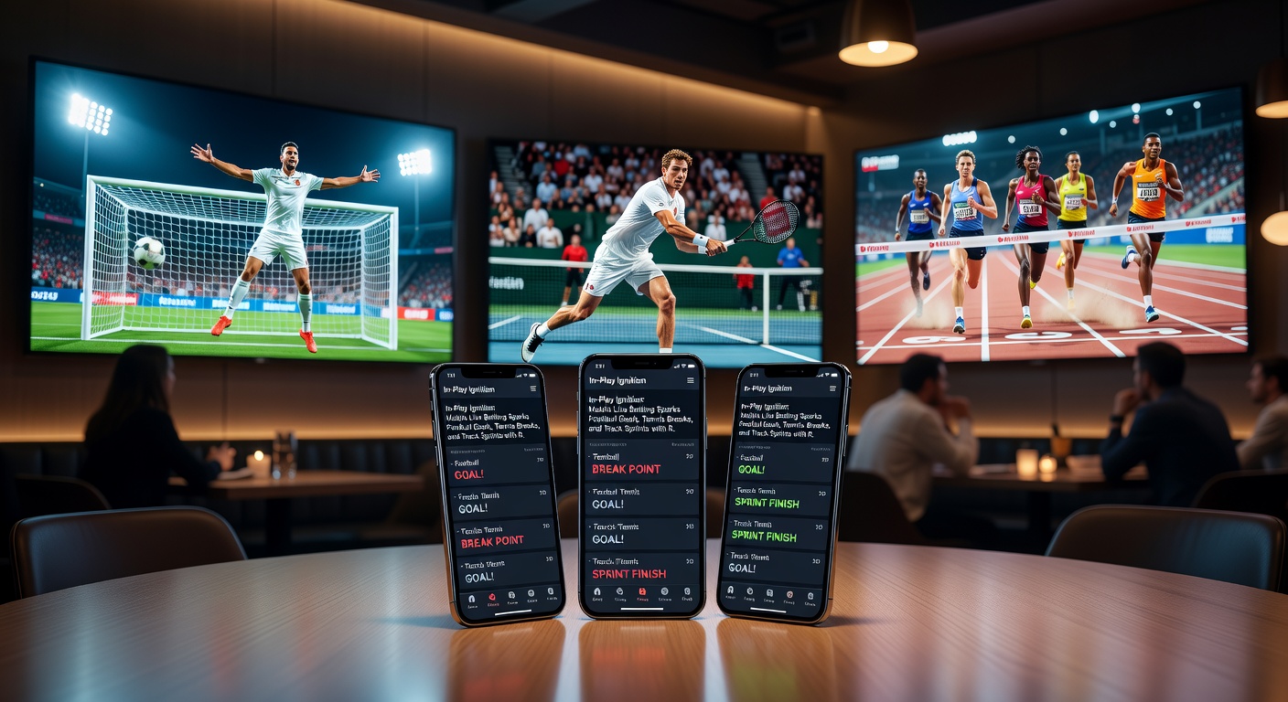 Tennis player serving during a high-stakes match, with overlaid in-play betting interface showing break odds and live score updates