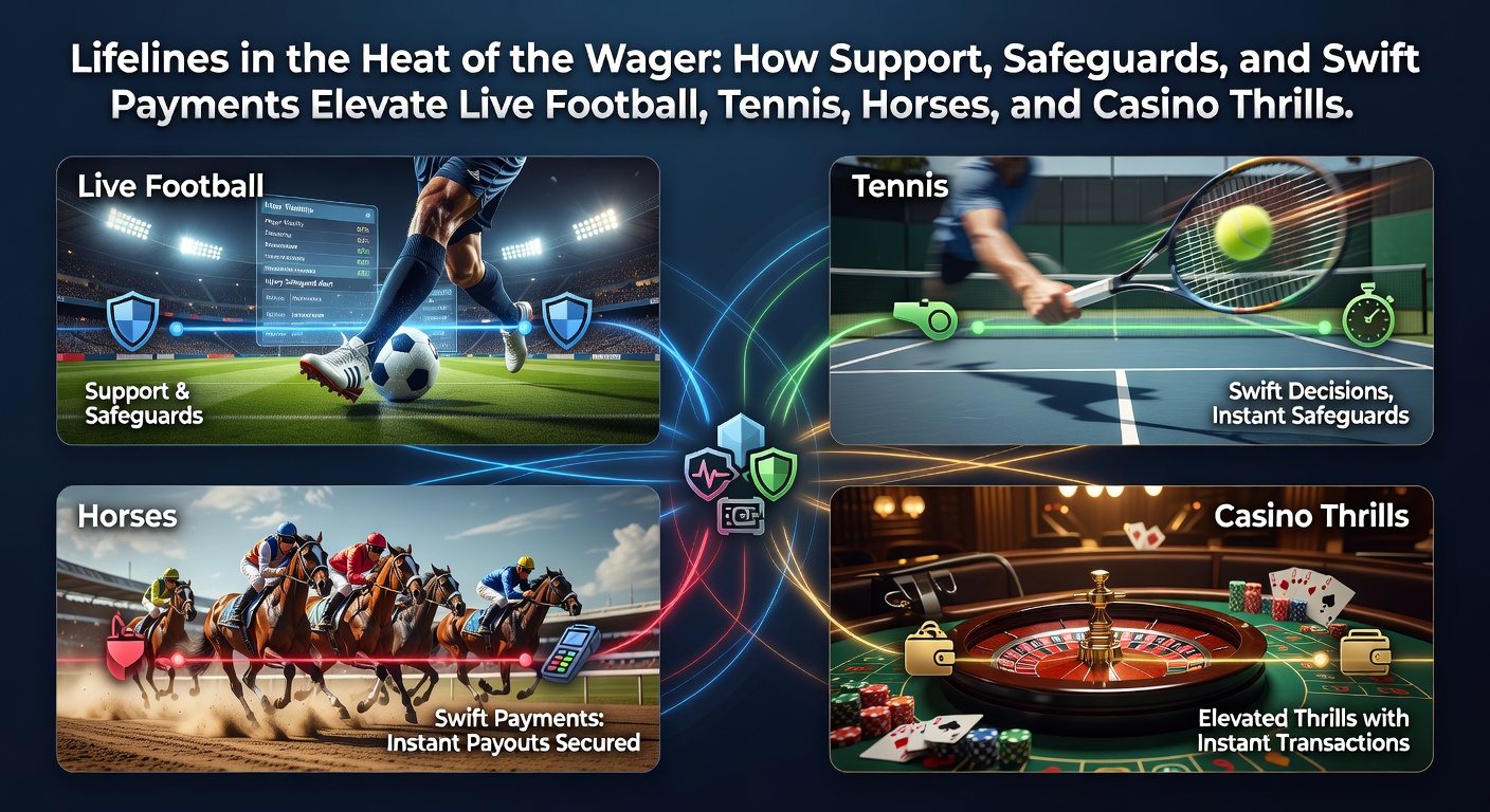 Dynamic live betting interface showing football match in progress alongside icons for customer support chat, security locks, and instant payment notifications