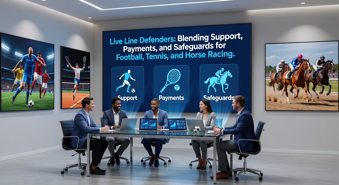 Dynamic live betting interface showing football goals, tennis serves, and horse racing finishes with overlaid support icons, payment flashes, adn safeguard notifications