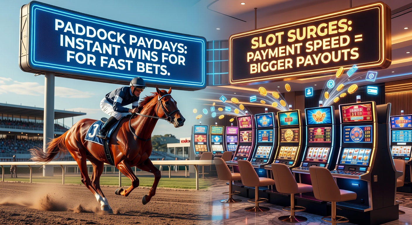 Horse racing paddock scene with bettors checking odds on mobile devices, highlighting fast payment promotions