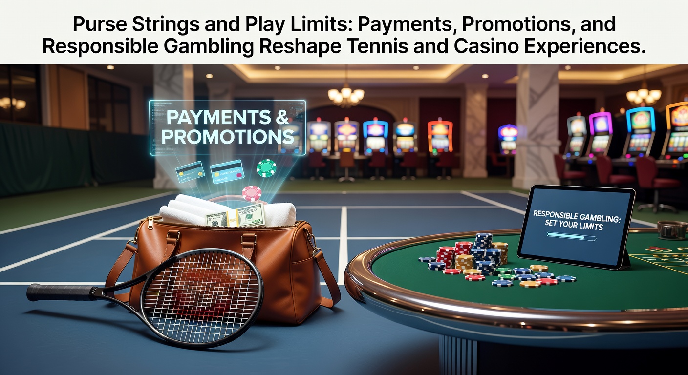 Tennis player serving on court with digital overlays showing payment icons and limit notifications, symbolizing the blend of sport, finance, and safeguards in modern betting