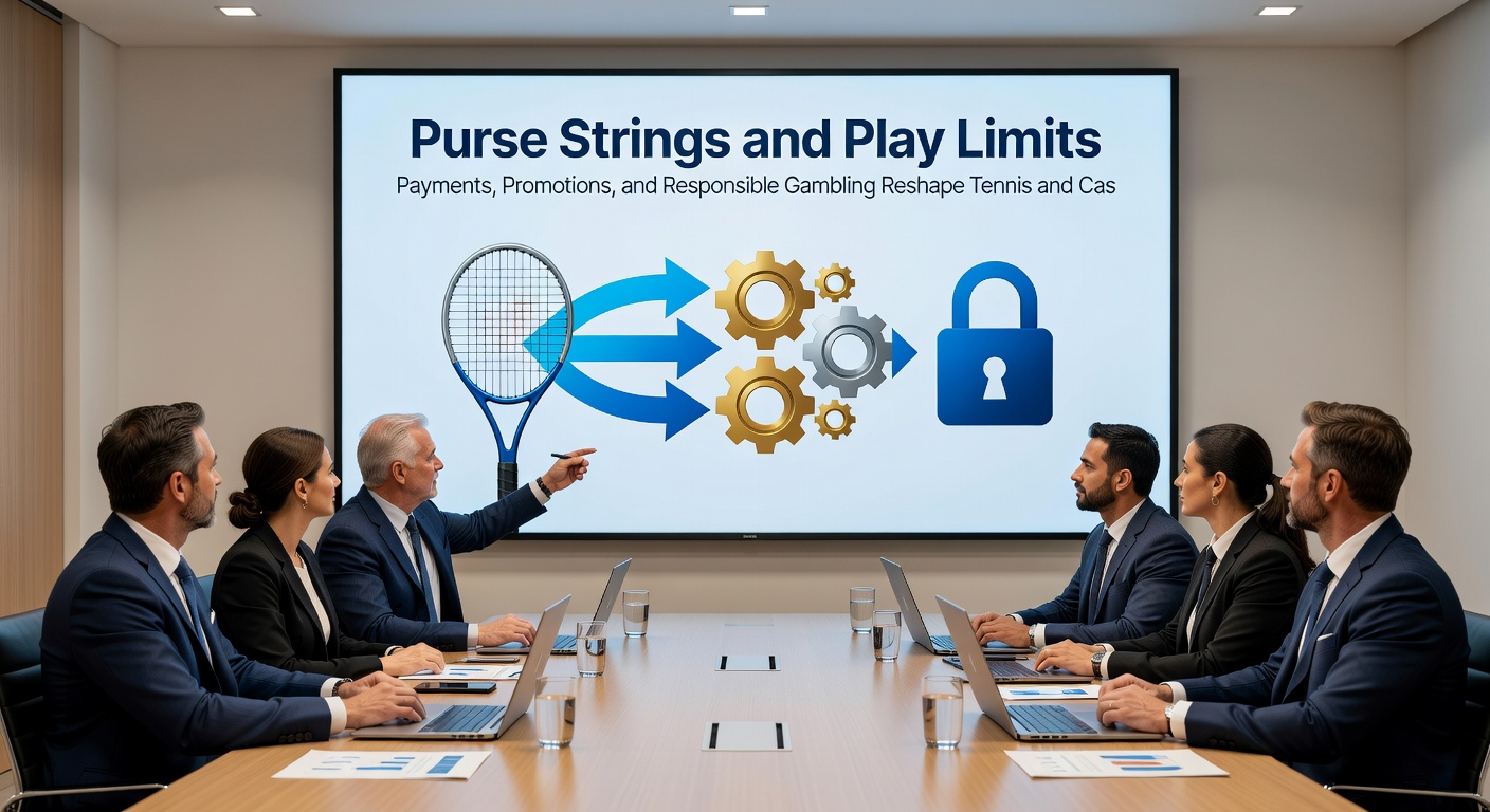 Casino roulette wheel spinning alongside a tennis scoreboard, overlaid with icons for deposit limits, promo codes, and payout arrows, highlighting integrated responsible features