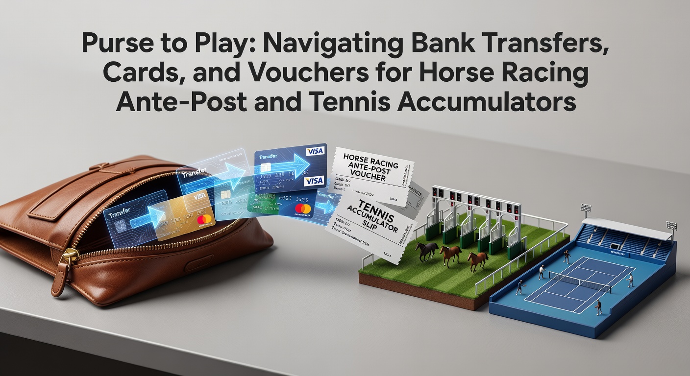 Digital wallet and betting slips illustrating bank transfers, cards, and vouchers funding ante-post horse races and tennis accumulator bets