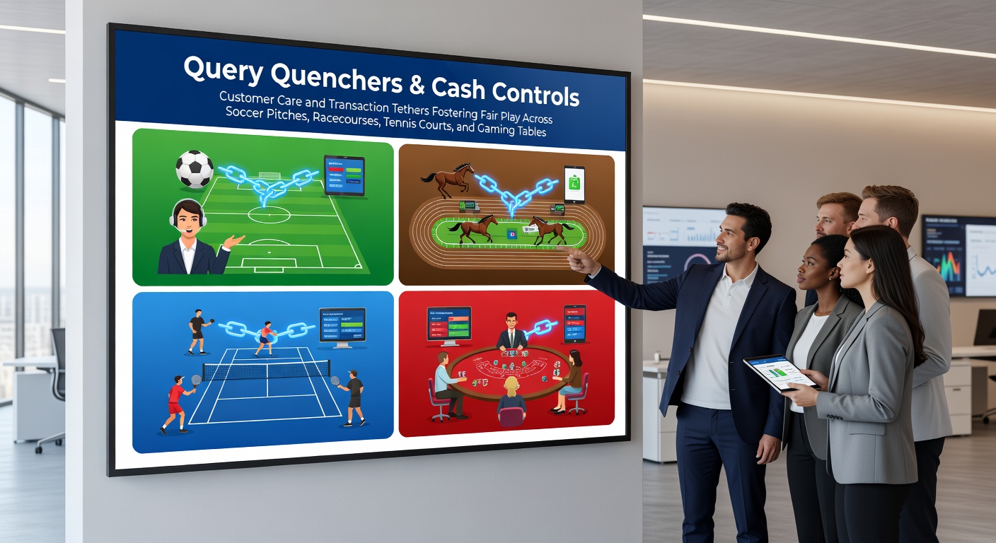 Support team resolving a bettor's query during a live soccer match on a bustling pitch