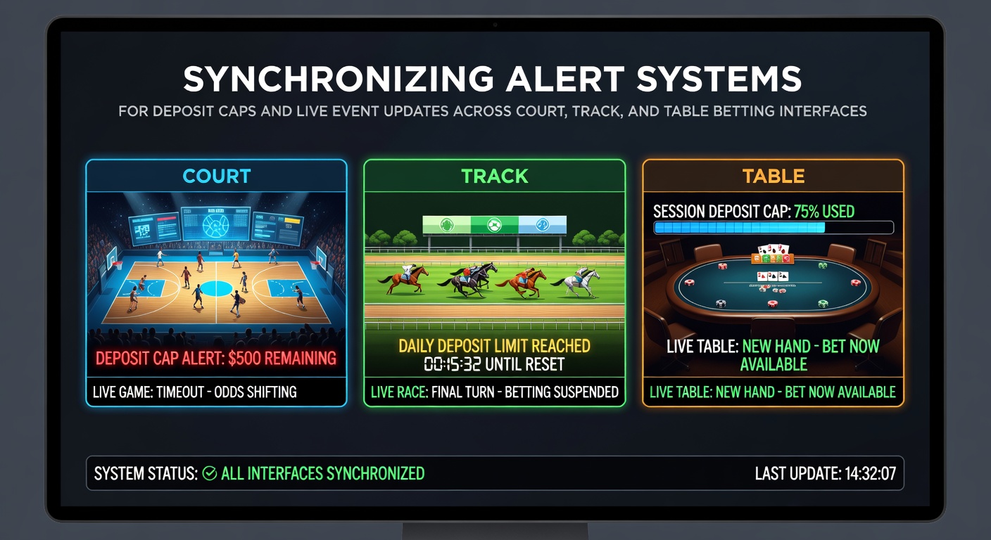Synchronized alert systems dashboard showing deposit caps and live updates across tennis court, horse track, and casino table interfaces