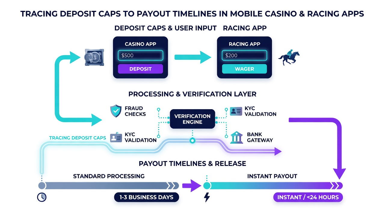Flowchart illustrating steps from deposit cap enforcement to payout approval in racing and casino mobile apps
